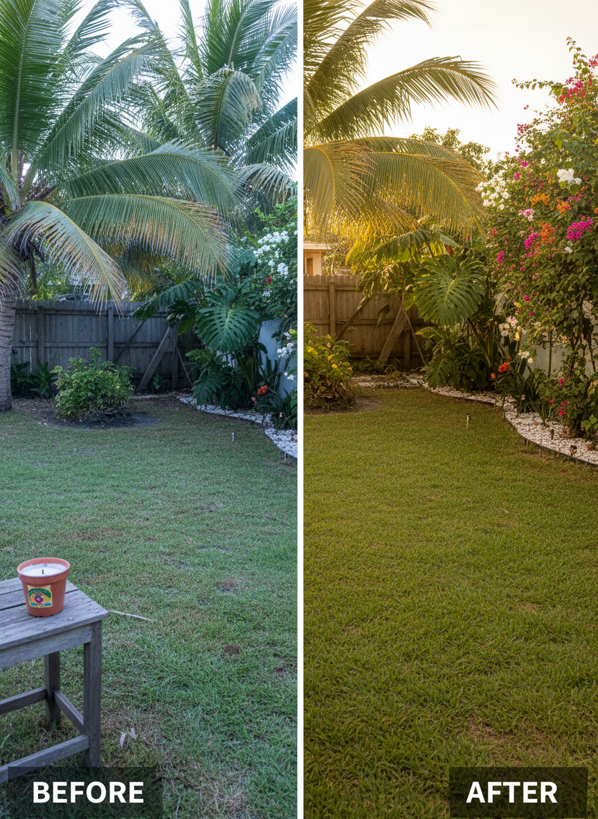 A side-by-side, photographic-style before-and-after concept of a tropical residential yard in Caye Caulker, divided down the center. On the left, the grass is patchy, plants look slightly stressed, and there are faint, subtle hints of mosquito presence such as a citronella candle and a neglected, damp corner—no graphic pests. On the right, the same yard after professional yard maintenance and fogging: lush, even grass, thriving plants, a dry, tidy perimeter, and a discreet line of fogging nozzles along the fence. Warm, late-afternoon sunlight brightens the ‘after’ side, while the ‘before’ is slightly cooler and dimmer. The composition is symmetrical with sharp focus, clearly communicating the benefits of professional pest control without showing any disturbing imagery.