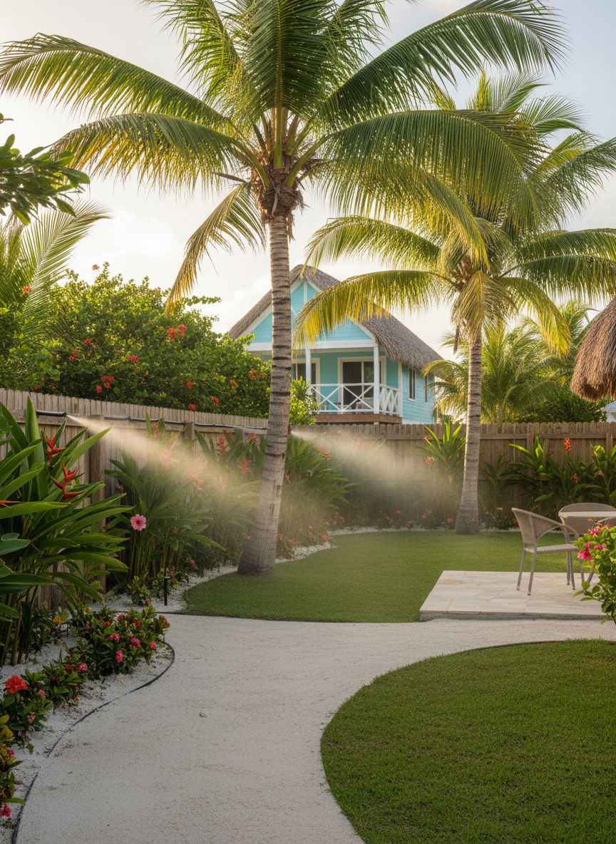 A lush, well-maintained tropical yard in Caye Caulker, Belize, viewed at eye level in photographic realism. A neat sandy pathway curves between vibrant green grass, tidy flower beds, and a few palm trees, with a small stilted beach house in the background. A sleek, modern fogging nozzle system is discreetly mounted along the fence line, barely visible among the foliage, gently emitting a fine mist that catches the soft late-afternoon sunlight. The air feels fresh and pest-free, with no visible insects, only healthy plants and a clean patio area. The composition follows the rule of thirds, with sharp focus throughout, conveying a calm, professional, resort-like atmosphere ideal for residential yard treatments.