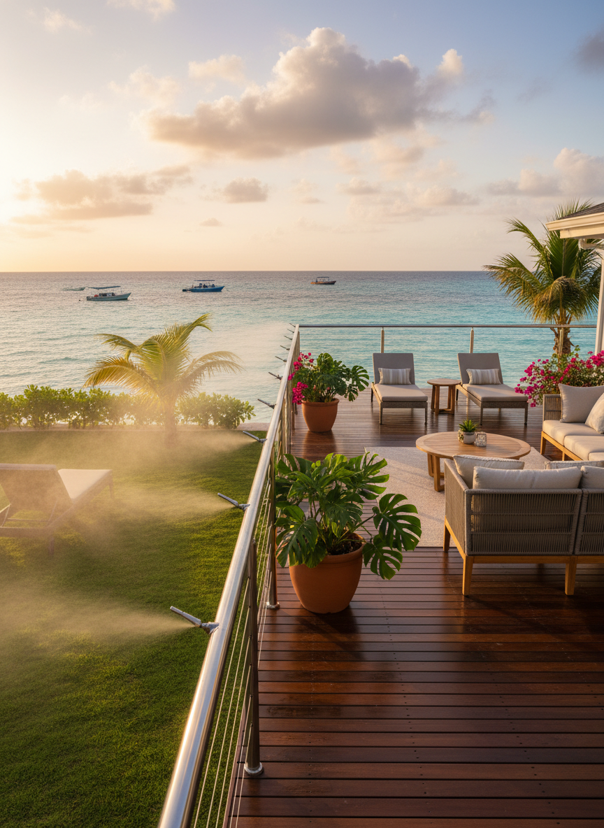 A modern beachfront vacation rental in Caye Caulker with a spacious wooden deck overlooking turquoise water, captured in photographic realism from a slightly elevated angle. Along the deck railing, a professionally installed automatic mosquito fogging system with slim, stainless-steel nozzles is subtly integrated, releasing an almost invisible mist that glows faintly in the warm golden hour light. Comfortable outdoor furniture and potted tropical plants reinforce the relaxed, upscale vibe, while the surrounding yard appears clean, green, and pest-free. The lighting is warm and inviting, casting gentle shadows and reflections on the polished wood. The composition uses asymmetrical balance, highlighting both the fogging equipment detail and the serene, protected outdoor living space.