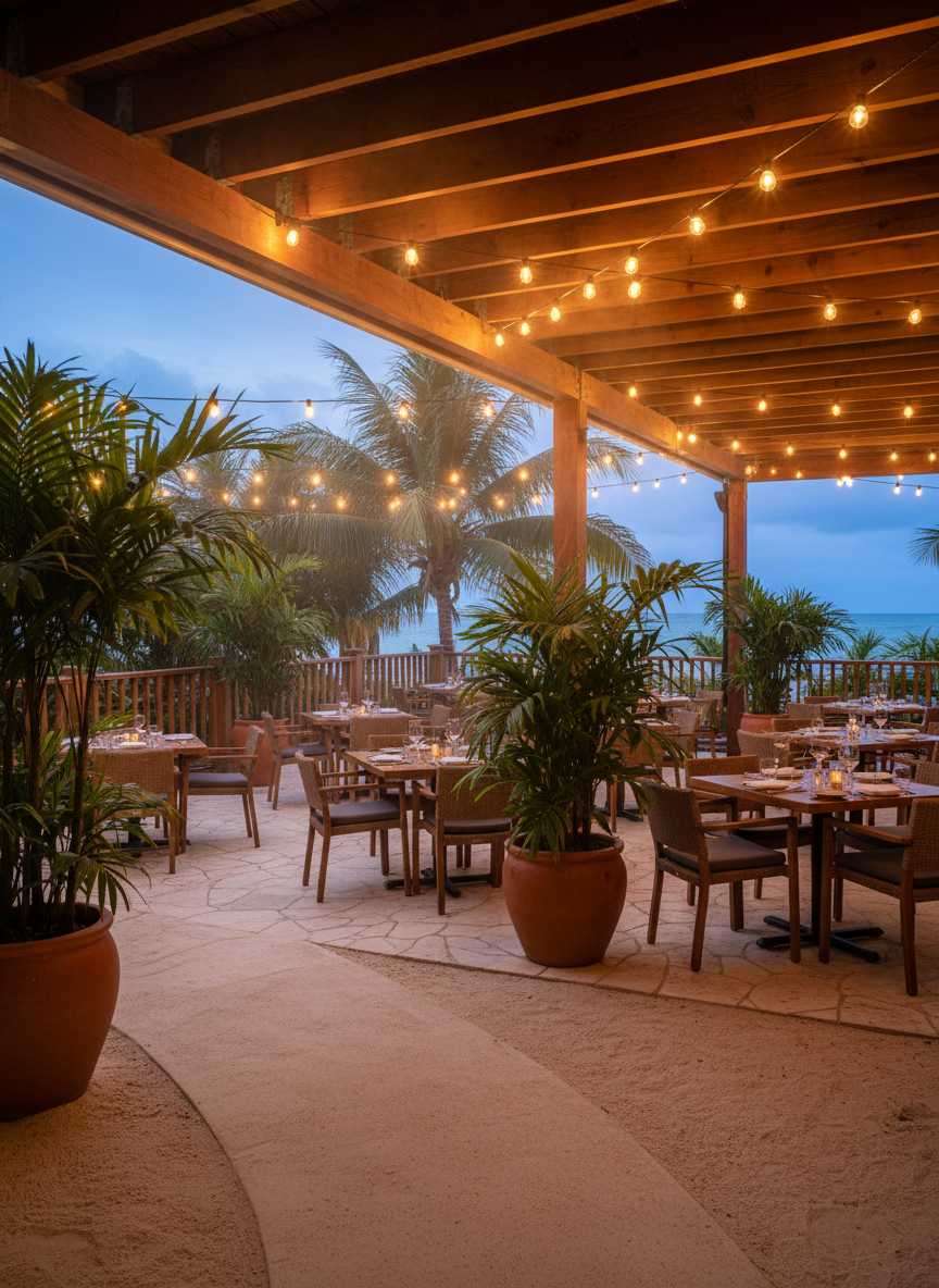 A stylish open-air restaurant patio in Caye Caulker, captured at twilight in photographic realism. Neatly arranged wooden tables and chairs sit beneath string lights, with tropical plants in large pots defining the dining area. Discreet automatic mosquito fogging nozzles are mounted along the ceiling beams and outer railing, nearly hidden among the decor, emitting a very fine mist that shimmers softly in the warm ambient light. The surrounding yard and sandy walkway look clean and well-maintained, with no visible pests, evoking a comfortable, bite-free dining experience. The camera angle is wide and slightly elevated, keeping everything in sharp focus. The mood is inviting and professional, ideal for showcasing commercial fogging systems for restaurants and hotels.