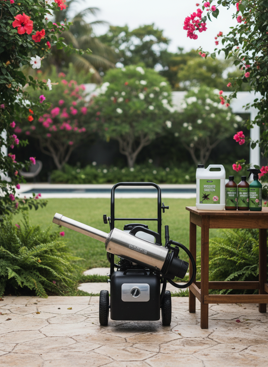 A close-up, photographic view of a professional pest control treatment scene in a residential backyard in the tropics, but without any people. A sturdy, wheeled fogging machine with a clean, modern design is positioned on a stone patio, its nozzle directed toward a landscaped lawn edged with flowering shrubs. Beside it, clearly labeled containers of mosquito fogging solution and ant and termite treatment products are neatly arranged on a small outdoor workbench. Soft overcast daylight creates diffused, shadow-free lighting, emphasizing product textures, smooth plastics, and matte labels without harsh glare. The mood is highly professional and organized, with sharp focus on the equipment in the foreground and a gently blurred, pest-free yard beyond, ideal for a services-and-products overview image.