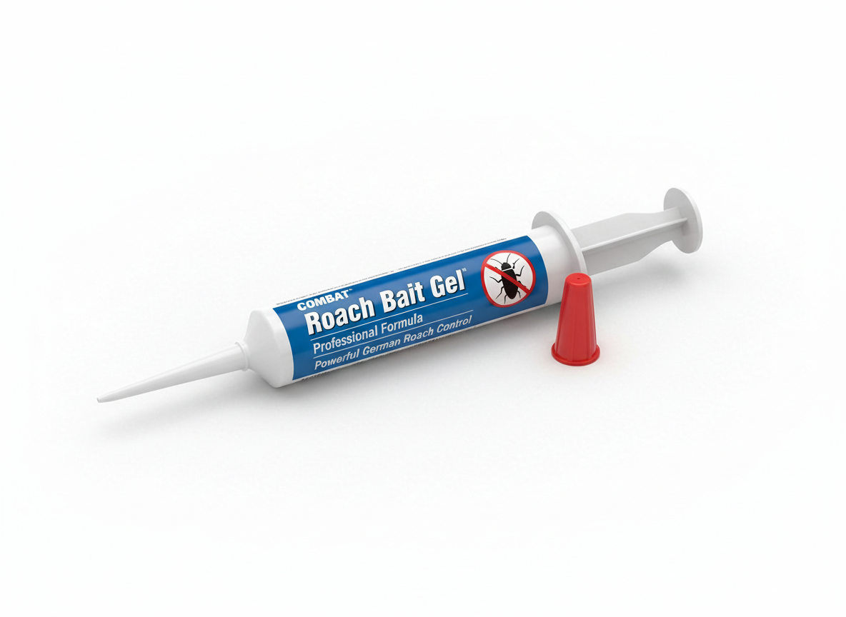 Professional cockroach bait gel syringe or tube, labeled roach bait gel product, clean white or light background, photorealistic pest control product shot