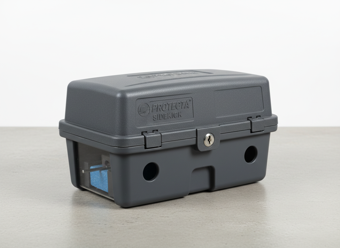 Tamper-resistant rat and rodent bait station, a sturdy plastic bait station box for rodent control, clean white or light background, photorealistic pest control product shot